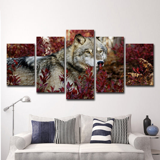 Wolf in Bushes Canvas Print Red and Grey Modern Style Wall Art for Living Room Red Clearhalo 'Art Gallery' 'Canvas Art' 'Contemporary Art Gallery' 'Modern' Arts' 1600185