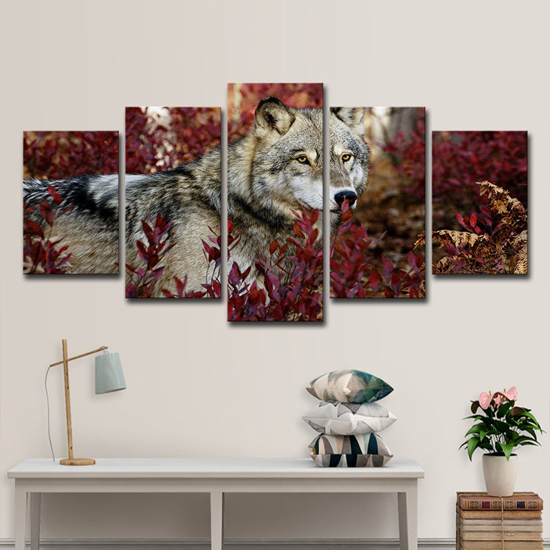 Wolf in Bushes Canvas Print Red and Grey Modern Style Wall Art for Living Room Clearhalo 'Art Gallery' 'Canvas Art' 'Contemporary Art Gallery' 'Modern' Arts' 1600186