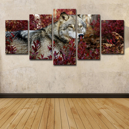 Wolf in Bushes Canvas Print Red and Grey Modern Style Wall Art for Living Room Clearhalo 'Art Gallery' 'Canvas Art' 'Contemporary Art Gallery' 'Modern' Arts' 1600187