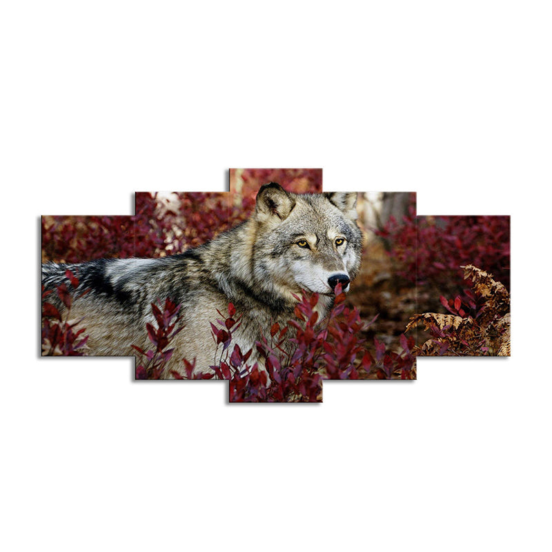 Wolf in Bushes Canvas Print Red and Grey Modern Style Wall Art for Living Room Clearhalo 'Art Gallery' 'Canvas Art' 'Contemporary Art Gallery' 'Modern' Arts' 1600188