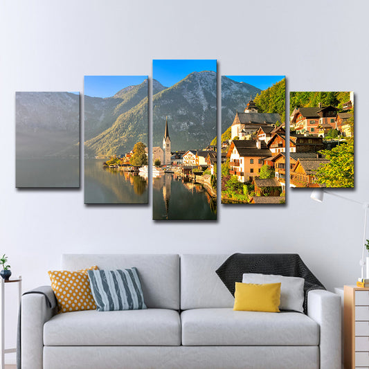 Green Modern Wall Art Mountain Village by the Lake Scenery Canvas for Home Green Clearhalo 'Art Gallery' 'Canvas Art' 'Contemporary Art Gallery' 'Modern' Arts' 1600199