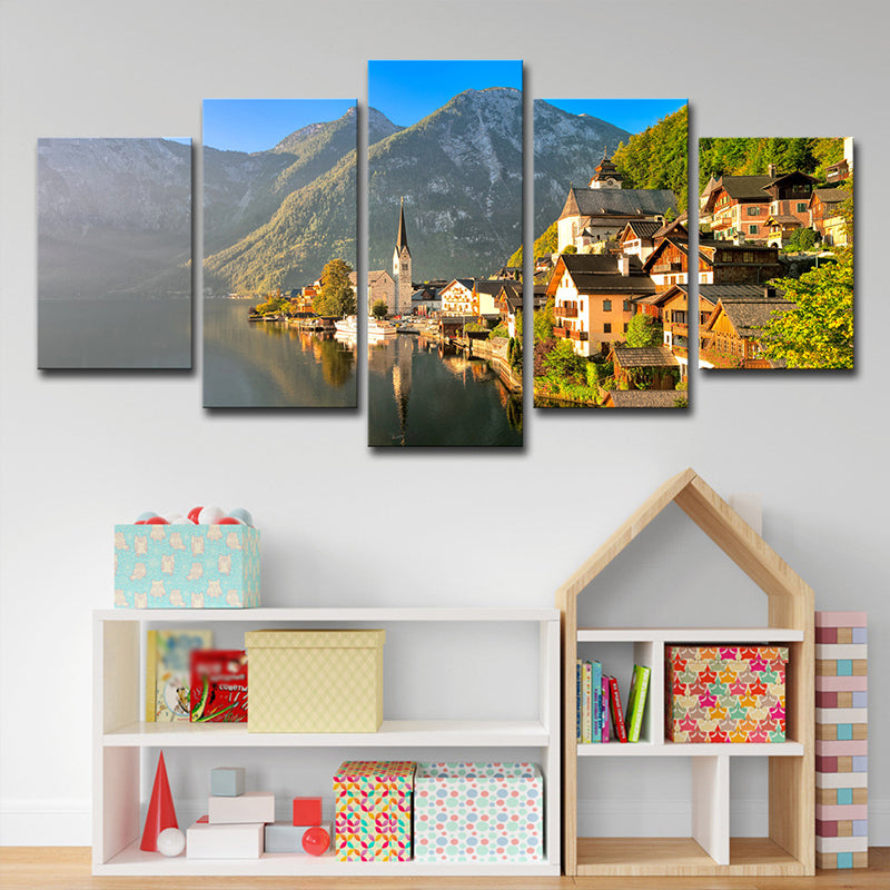 Green Modern Wall Art Mountain Village by the Lake Scenery Canvas for Home Clearhalo 'Art Gallery' 'Canvas Art' 'Contemporary Art Gallery' 'Modern' Arts' 1600200