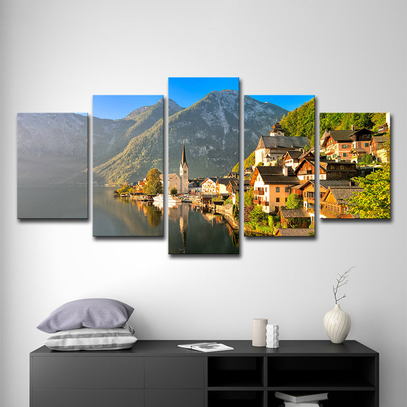 Green Modern Wall Art Mountain Village by the Lake Scenery Canvas for Home Clearhalo 'Art Gallery' 'Canvas Art' 'Contemporary Art Gallery' 'Modern' Arts' 1600201