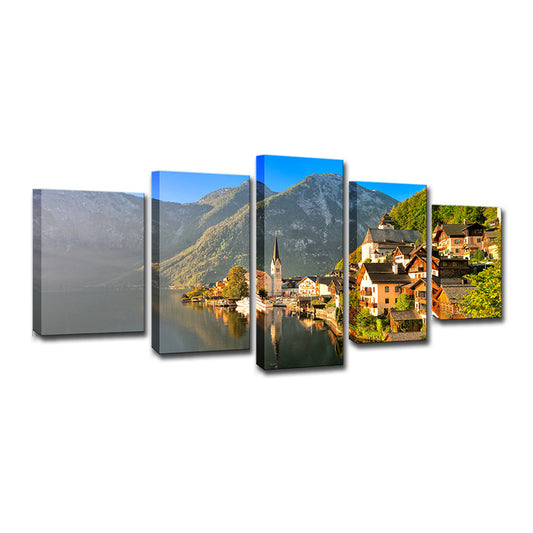 Green Modern Wall Art Mountain Village by the Lake Scenery Canvas for Home Clearhalo 'Art Gallery' 'Canvas Art' 'Contemporary Art Gallery' 'Modern' Arts' 1600202