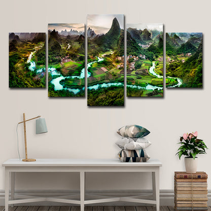 Dark Green Landscape Canvas Art Mountain and Meandering River Modern Multi-Piece Wall Decor Dark Green Clearhalo 'Art Gallery' 'Canvas Art' 'Contemporary Art Gallery' 'Modern' Arts' 1600206