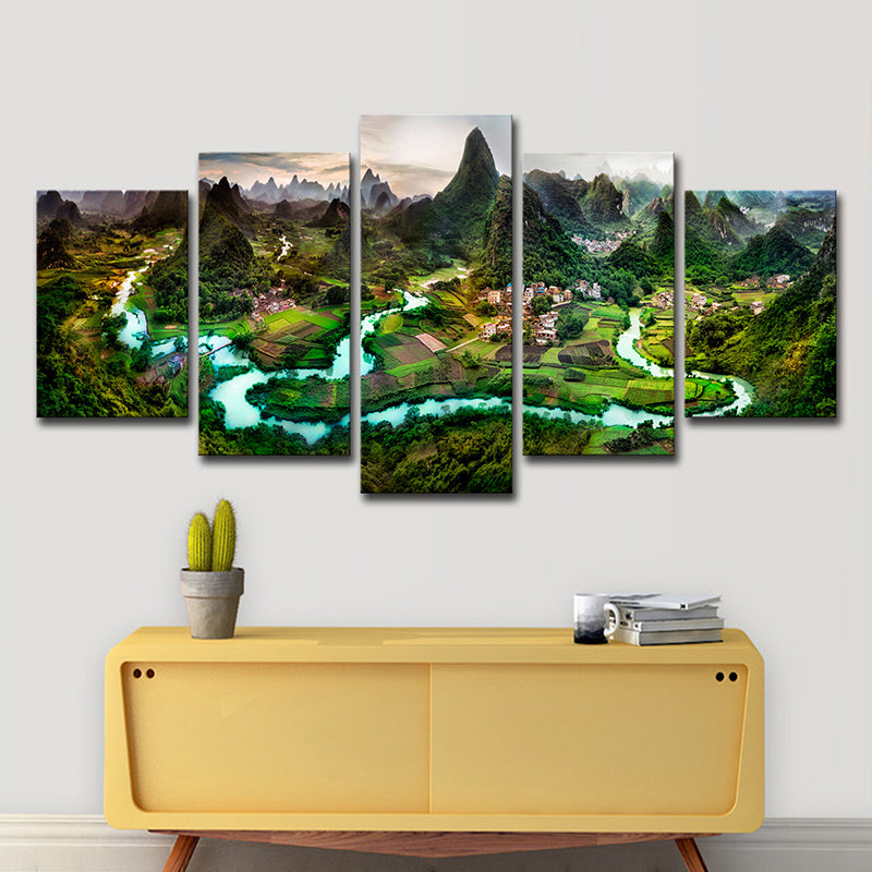 Dark Green Landscape Canvas Art Mountain and Meandering River Modern Multi-Piece Wall Decor Clearhalo 'Art Gallery' 'Canvas Art' 'Contemporary Art Gallery' 'Modern' Arts' 1600207