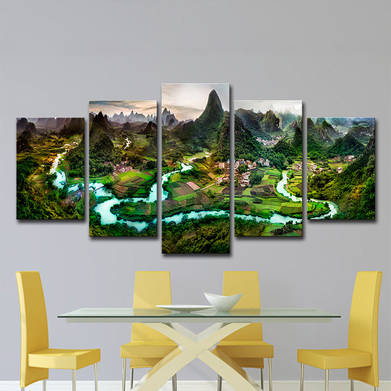 Dark Green Landscape Canvas Art Mountain and Meandering River Modern Multi-Piece Wall Decor Clearhalo 'Art Gallery' 'Canvas Art' 'Contemporary Art Gallery' 'Modern' Arts' 1600208