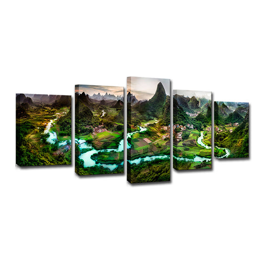 Dark Green Landscape Canvas Art Mountain and Meandering River Modern Multi-Piece Wall Decor Clearhalo 'Art Gallery' 'Canvas Art' 'Contemporary Art Gallery' 'Modern' Arts' 1600209