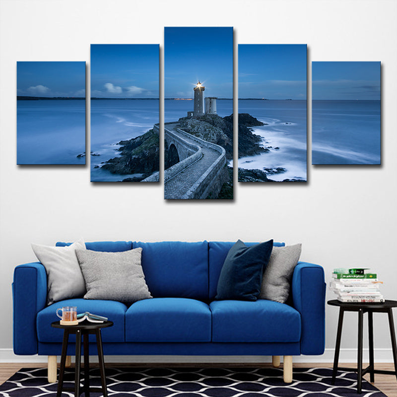 Modern Nightfall Seascape Wall Art Blue Curved Road to Lighthouse Canvas Print for Home Blue Clearhalo 'Art Gallery' 'Canvas Art' 'Contemporary Art Gallery' 'Modern' Arts' 1600213