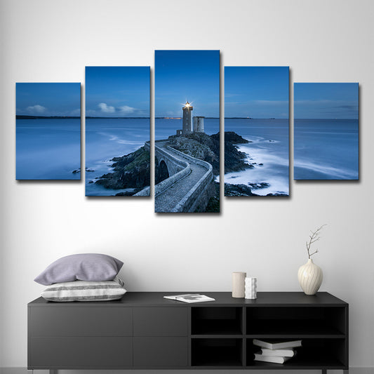 Modern Nightfall Seascape Wall Art Blue Curved Road to Lighthouse Canvas Print for Home Clearhalo 'Art Gallery' 'Canvas Art' 'Contemporary Art Gallery' 'Modern' Arts' 1600214