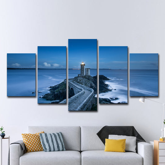 Modern Nightfall Seascape Wall Art Blue Curved Road to Lighthouse Canvas Print for Home Clearhalo 'Art Gallery' 'Canvas Art' 'Contemporary Art Gallery' 'Modern' Arts' 1600215