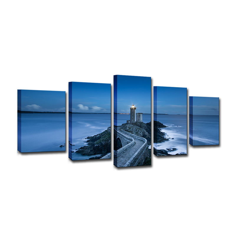 Modern Nightfall Seascape Wall Art Blue Curved Road to Lighthouse Canvas Print for Home Clearhalo 'Art Gallery' 'Canvas Art' 'Contemporary Art Gallery' 'Modern' Arts' 1600216