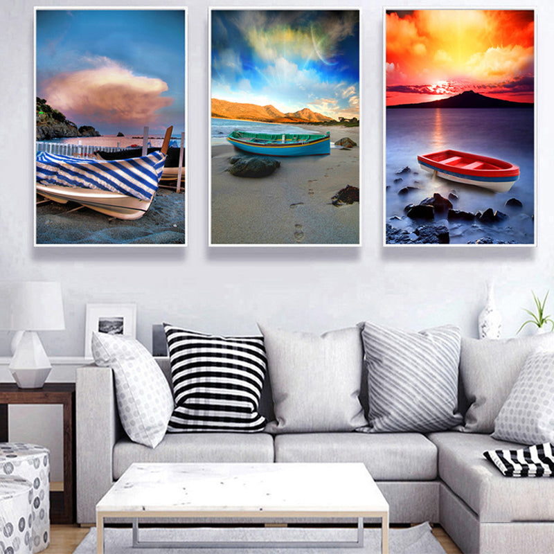 Stranded Boat Wall Art Set Orange-Blue Modernist Style Wrapped Canvas for Bedroom Orange 24" x 48" Clearhalo 'Art Gallery' 'Canvas Art' 'Contemporary Art Gallery' 'Modern' Arts' 1600220