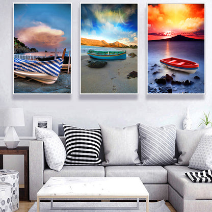 Stranded Boat Wall Art Set Orange-Blue Modernist Style Wrapped Canvas for Bedroom Orange 24" x 48" Clearhalo 'Art Gallery' 'Canvas Art' 'Contemporary Art Gallery' 'Modern' Arts' 1600220