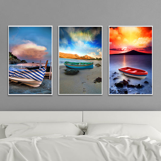 Stranded Boat Wall Art Set Orange-Blue Modernist Style Wrapped Canvas for Bedroom Clearhalo 'Art Gallery' 'Canvas Art' 'Contemporary Art Gallery' 'Modern' Arts' 1600221