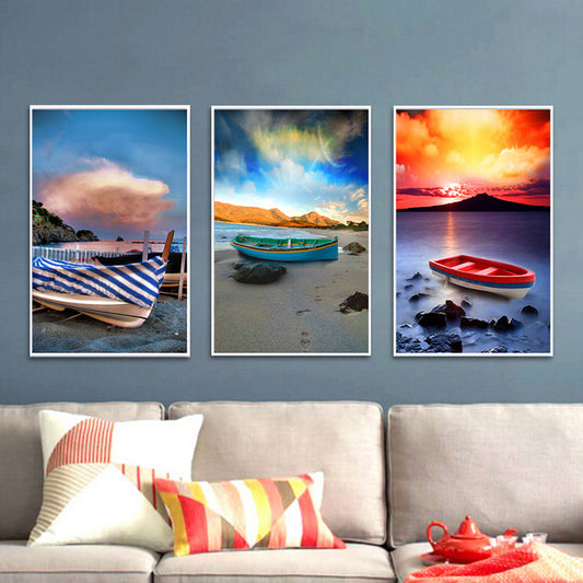 Stranded Boat Wall Art Set Orange-Blue Modernist Style Wrapped Canvas for Bedroom Clearhalo 'Art Gallery' 'Canvas Art' 'Contemporary Art Gallery' 'Modern' Arts' 1600222
