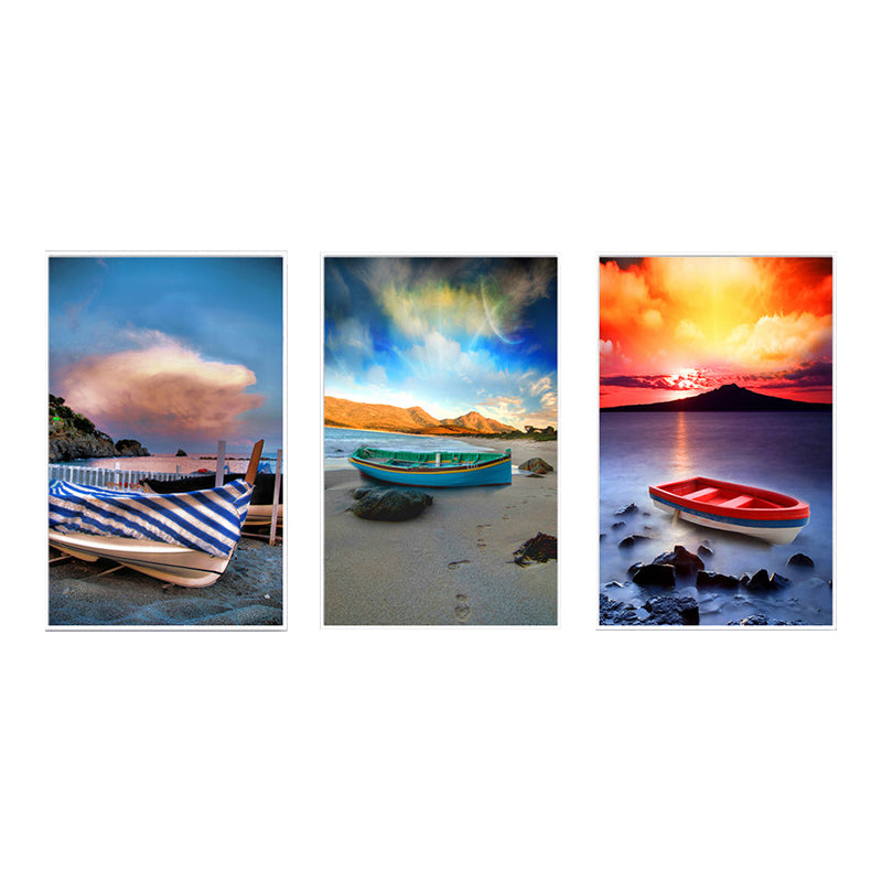 Stranded Boat Wall Art Set Orange-Blue Modernist Style Wrapped Canvas for Bedroom Clearhalo 'Art Gallery' 'Canvas Art' 'Contemporary Art Gallery' 'Modern' Arts' 1600223