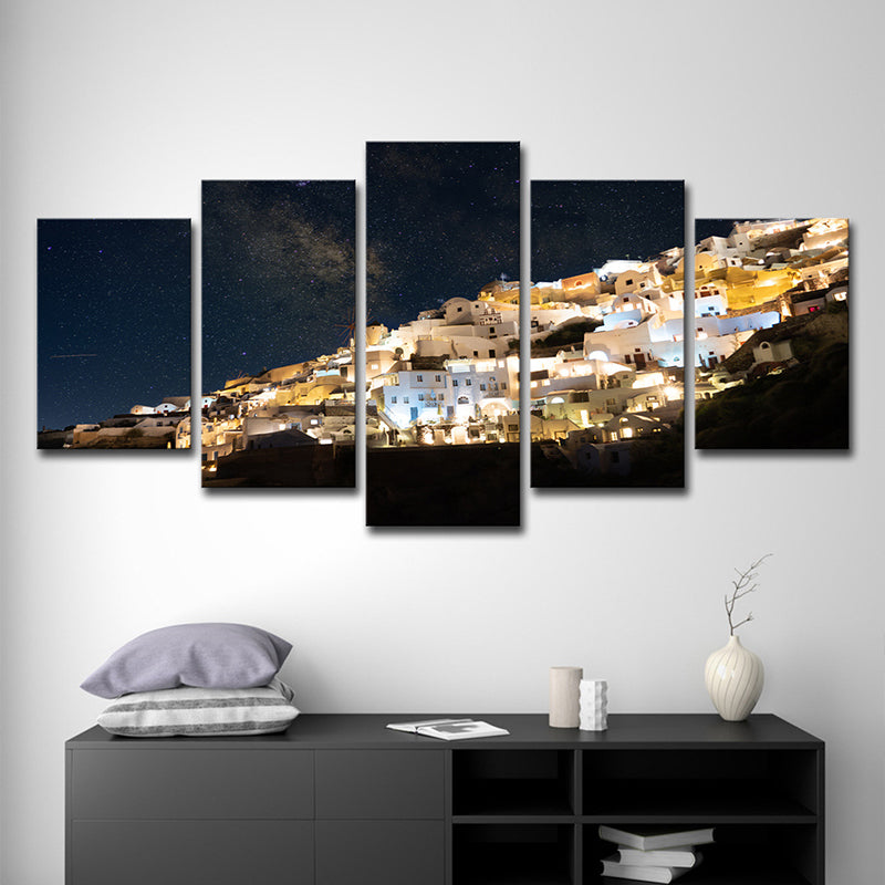 Night Cityscape Canvas Print House Interior Milky Way Wall Art in Yellow-Blue Clearhalo 'Art Gallery' 'Canvas Art' 'Contemporary Art Gallery' 'Modern' Arts' 1600226