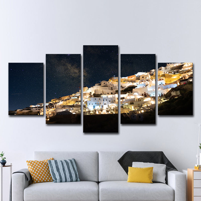 Night Cityscape Canvas Print House Interior Milky Way Wall Art in Yellow-Blue Clearhalo 'Art Gallery' 'Canvas Art' 'Contemporary Art Gallery' 'Modern' Arts' 1600227