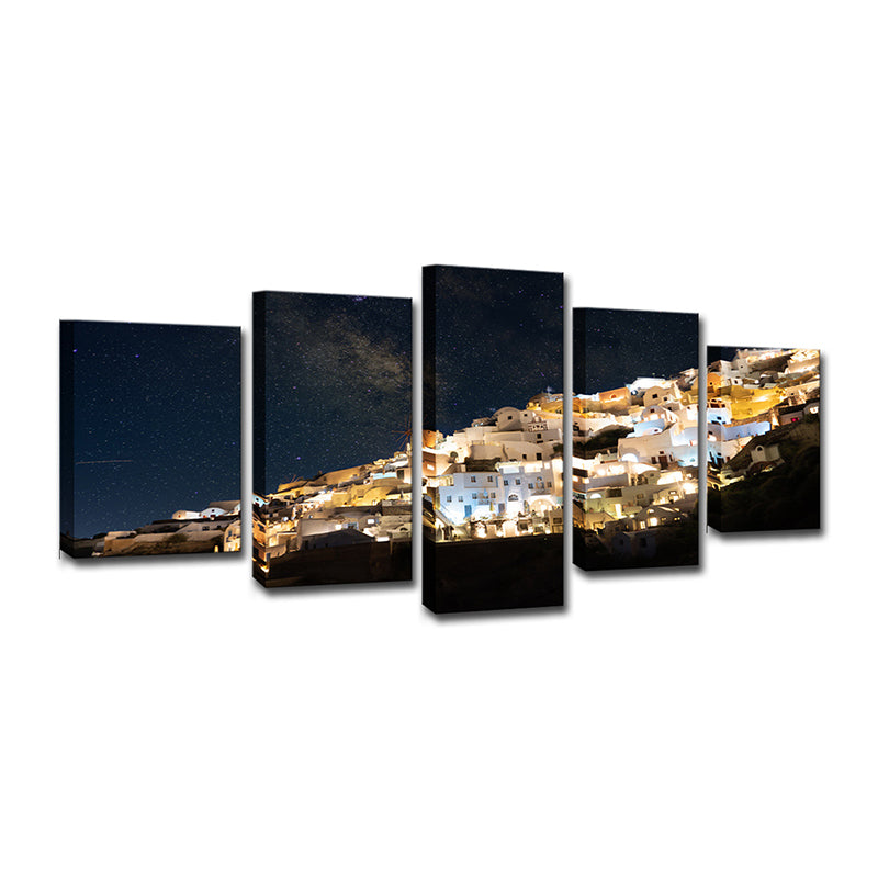 Night Cityscape Canvas Print House Interior Milky Way Wall Art in Yellow-Blue Clearhalo 'Art Gallery' 'Canvas Art' 'Contemporary Art Gallery' 'Modern' Arts' 1600228