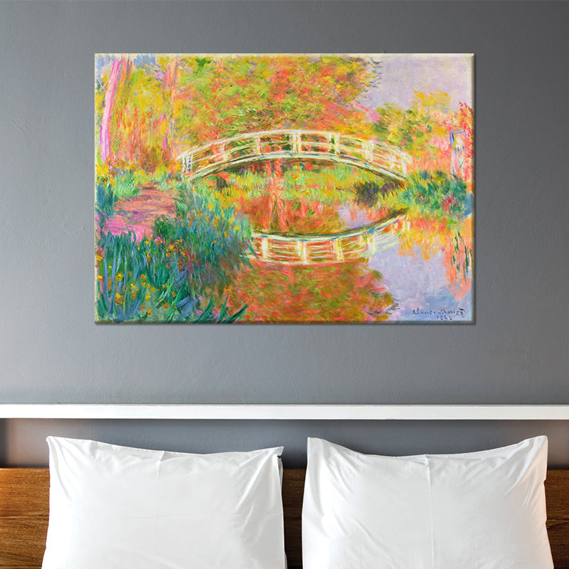 Orange Modern Canvas Wall Art Arch Bridge Across Tranquil Lake Painting for Hotel Orange Clearhalo 'Art Gallery' 'Canvas Art' 'Contemporary Art Gallery' 'Modern' Arts' 1600232