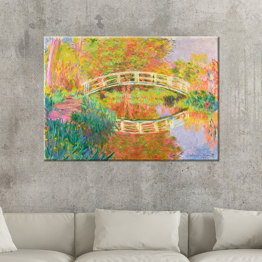 Orange Modern Canvas Wall Art Arch Bridge Across Tranquil Lake Painting for Hotel Clearhalo 'Art Gallery' 'Canvas Art' 'Contemporary Art Gallery' 'Modern' Arts' 1600233