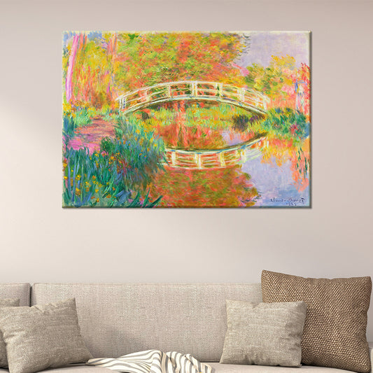 Orange Modern Canvas Wall Art Arch Bridge Across Tranquil Lake Painting for Hotel Clearhalo 'Art Gallery' 'Canvas Art' 'Contemporary Art Gallery' 'Modern' Arts' 1600234