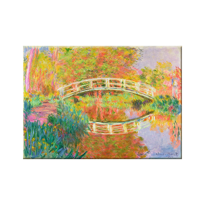 Orange Modern Canvas Wall Art Arch Bridge Across Tranquil Lake Painting for Hotel Clearhalo 'Art Gallery' 'Canvas Art' 'Contemporary Art Gallery' 'Modern' Arts' 1600235