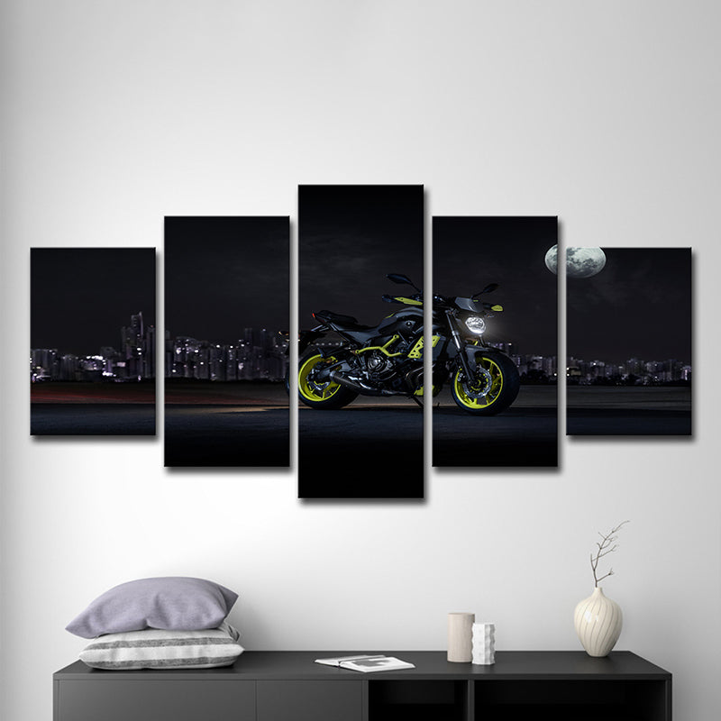 Cool Motorbike Ride Canvas Art for Boys Room Moon Night City Scenery Wall Decor in Black Clearhalo 'Art Gallery' 'Canvas Art' 'Contemporary Art Gallery' 'Modern' Arts' 1600274