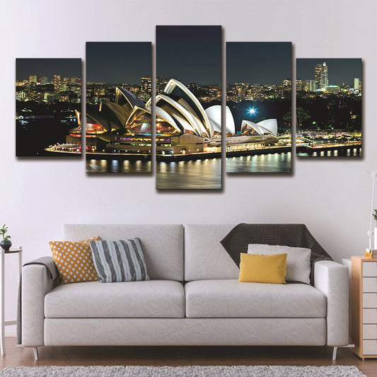 Sydney Opera Theater Wall Art Global Inspired Luminous Night City Canvas in Black Black Clearhalo 'Art Gallery' 'Canvas Art' 'Contemporary Art Gallery' 'Modern' Arts' 1600280