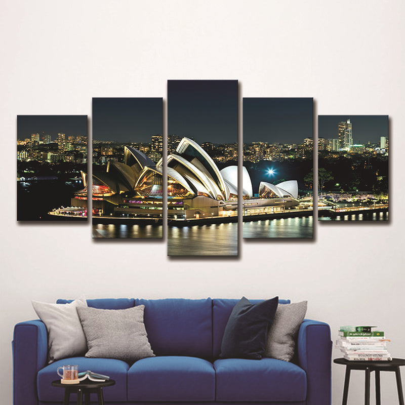 Sydney Opera Theater Wall Art Global Inspired Luminous Night City Canvas in Black Clearhalo 'Art Gallery' 'Canvas Art' 'Contemporary Art Gallery' 'Modern' Arts' 1600281