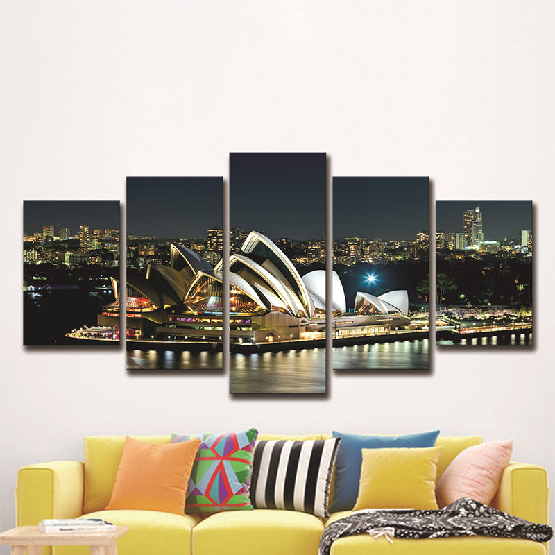 Sydney Opera Theater Wall Art Global Inspired Luminous Night City Canvas in Black Clearhalo 'Art Gallery' 'Canvas Art' 'Contemporary Art Gallery' 'Modern' Arts' 1600282