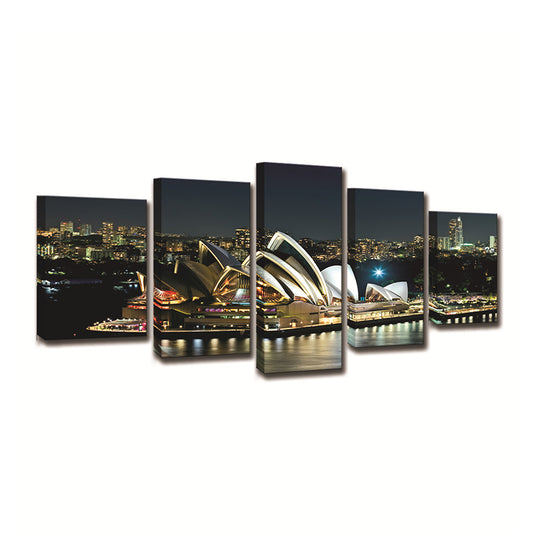 Sydney Opera Theater Wall Art Global Inspired Luminous Night City Canvas in Black Clearhalo 'Art Gallery' 'Canvas Art' 'Contemporary Art Gallery' 'Modern' Arts' 1600283