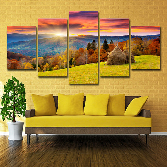 Autumn Sunrise Mountain Landscape Canvas Red Brown Modernist Wall Art Print for Hotel Red Brown Clearhalo 'Art Gallery' 'Canvas Art' 'Contemporary Art Gallery' 'Modern' Arts' 1600312