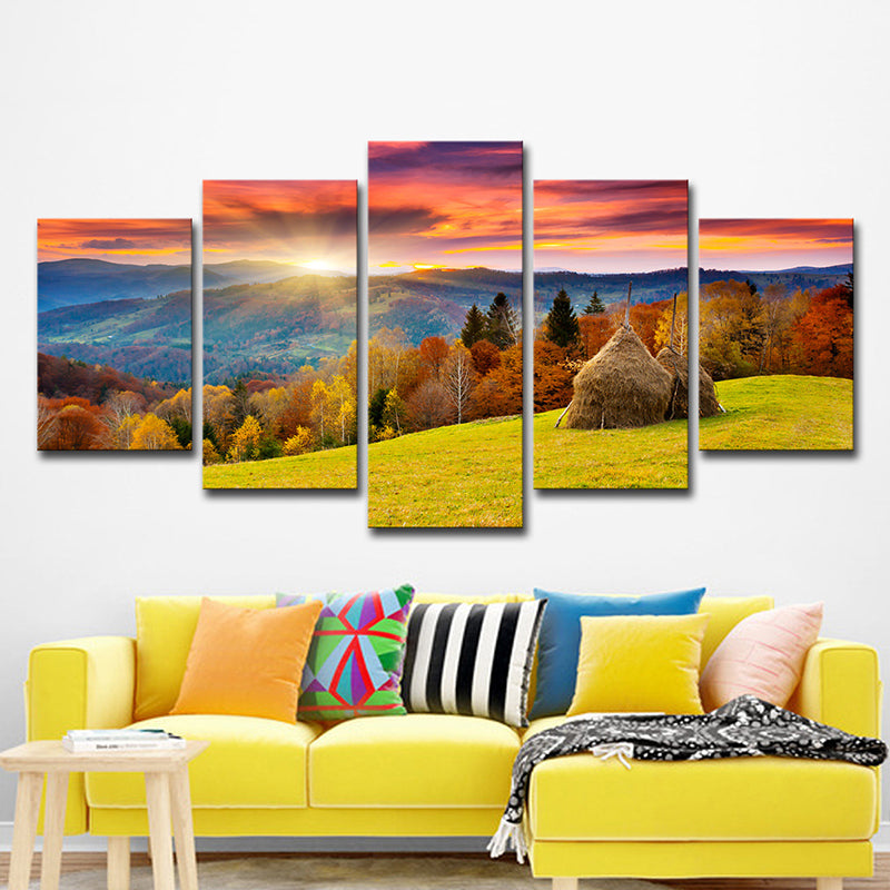 Autumn Sunrise Mountain Landscape Canvas Red Brown Modernist Wall Art Print for Hotel Clearhalo 'Art Gallery' 'Canvas Art' 'Contemporary Art Gallery' 'Modern' Arts' 1600313