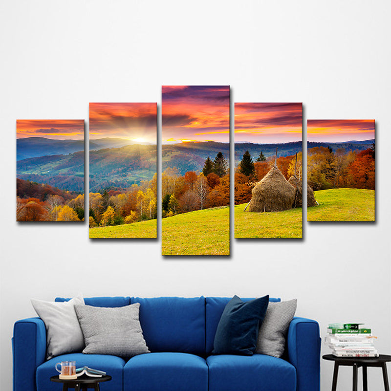 Autumn Sunrise Mountain Landscape Canvas Red Brown Modernist Wall Art Print for Hotel Clearhalo 'Art Gallery' 'Canvas Art' 'Contemporary Art Gallery' 'Modern' Arts' 1600314