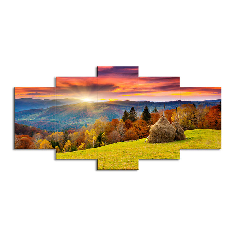 Autumn Sunrise Mountain Landscape Canvas Red Brown Modernist Wall Art Print for Hotel Clearhalo 'Art Gallery' 'Canvas Art' 'Contemporary Art Gallery' 'Modern' Arts' 1600315