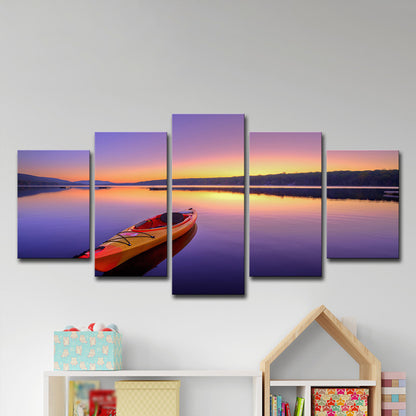 Canvas Multi-Piece Art Print Contemporary Boat on Lake at Dusk Scenery Wall Decor in Purple Purple Clearhalo 'Art Gallery' 'Canvas Art' 'Contemporary Art Gallery' 'Modern' Arts' 1600326