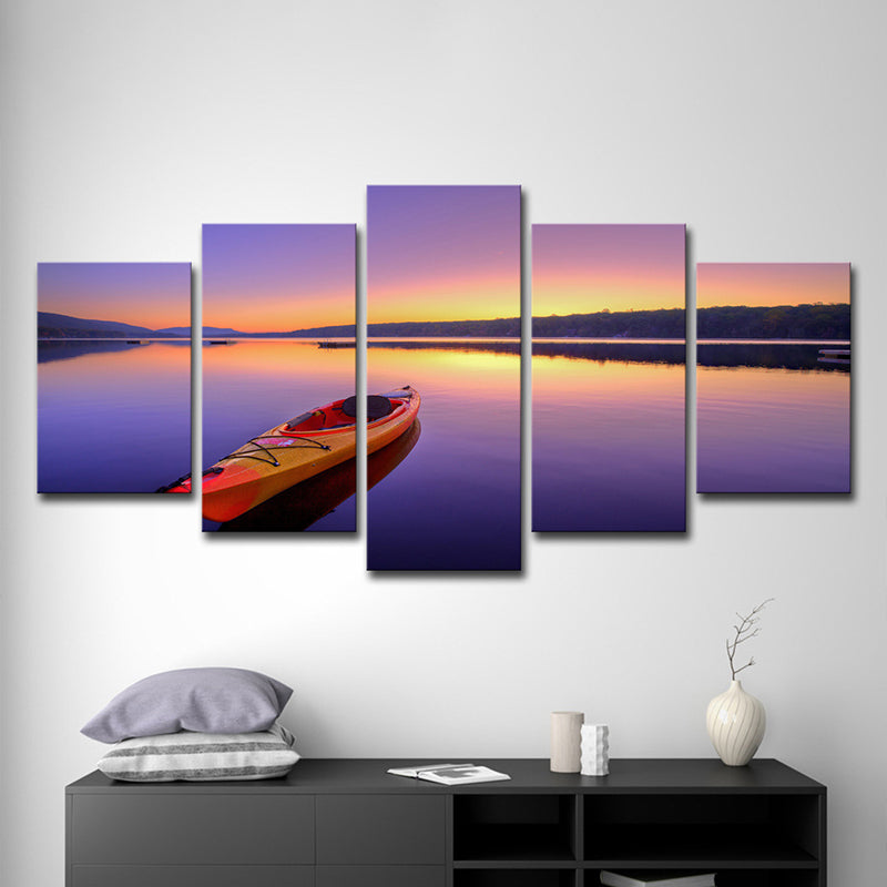 Canvas Multi-Piece Art Print Contemporary Boat on Lake at Dusk Scenery Wall Decor in Purple Clearhalo 'Art Gallery' 'Canvas Art' 'Contemporary Art Gallery' 'Modern' Arts' 1600327
