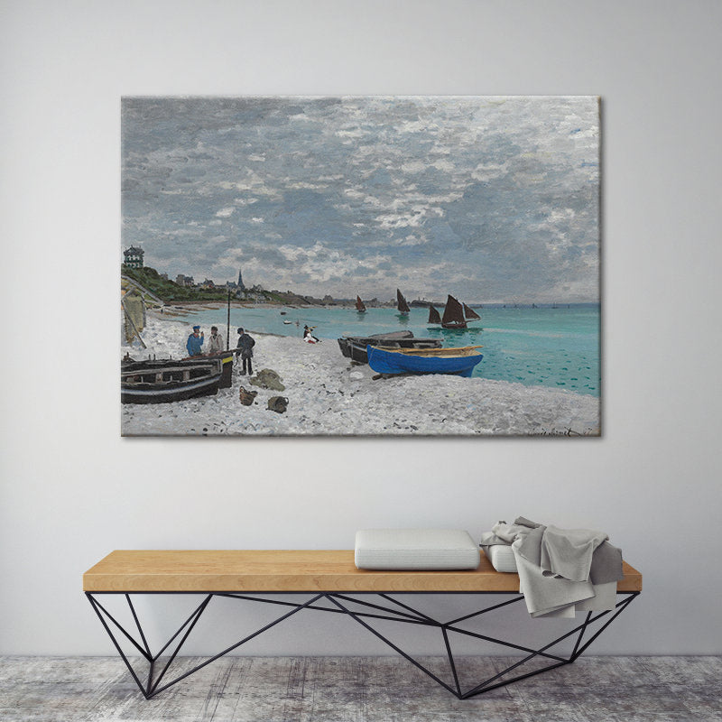 Tropical Seashore Stranded Boat Art Print Blue Seascape Painting Wall Decor  for Home - Clearhalo