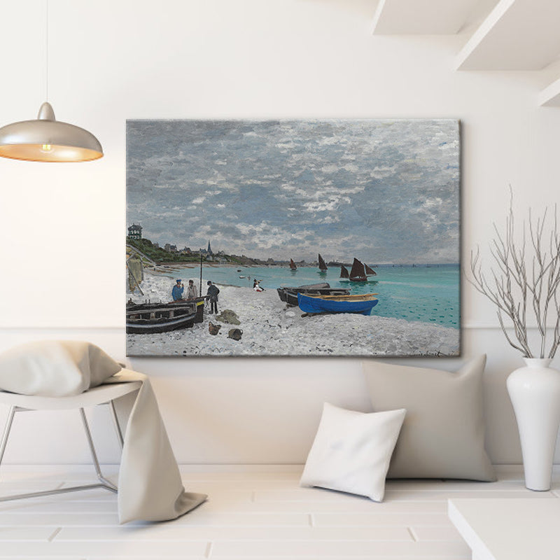 Tropical Seashore Stranded Boat Art Print Blue Seascape Painting Wall Decor for Home Clearhalo 'Art Gallery' 'Canvas Art' 'Coastal Art Gallery' 'Contemporary Art Gallery' 'Modern' 'Nautical' Arts' 1600352