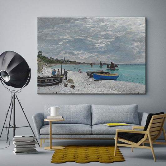 Tropical Seashore Stranded Boat Art Print Blue Seascape Painting Wall Decor for Home Clearhalo 'Art Gallery' 'Canvas Art' 'Coastal Art Gallery' 'Contemporary Art Gallery' 'Modern' 'Nautical' Arts' 1600353