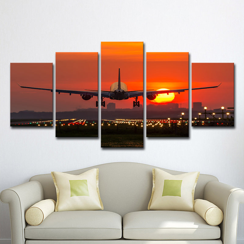 Airplane with Big Moon Art Print Orange Modern Style Wall Decor for Living Room, Multi-Piece Orange Clearhalo 'Art Gallery' 'Canvas Art' 'Contemporary Art Gallery' 'Modern' Arts' 1600358