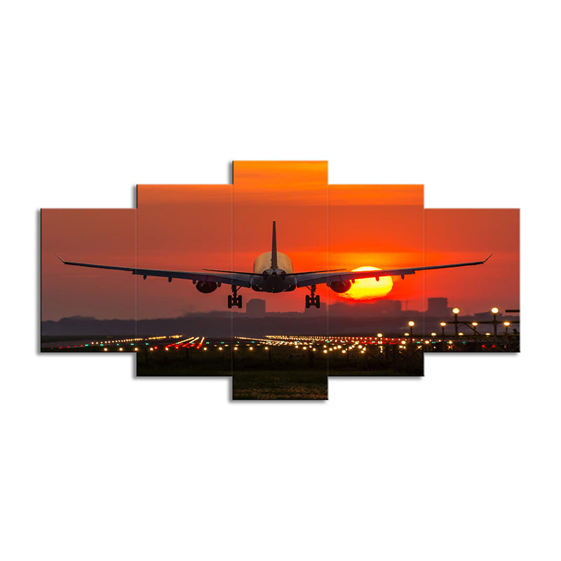 Airplane with Big Moon Art Print Orange Modern Style Wall Decor for Living Room, Multi-Piece Clearhalo 'Art Gallery' 'Canvas Art' 'Contemporary Art Gallery' 'Modern' Arts' 1600361