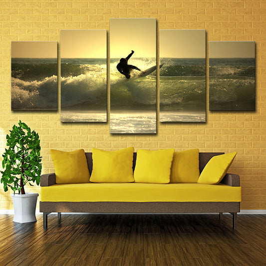 Surfing at Dusk Wall Art Decor Contemporary Multi-Piece Living Room Canvas Print in Yellow Yellow Clearhalo 'Art Gallery' 'Canvas Art' 'Coastal Art Gallery' 'Nautical' Arts' 1600414
