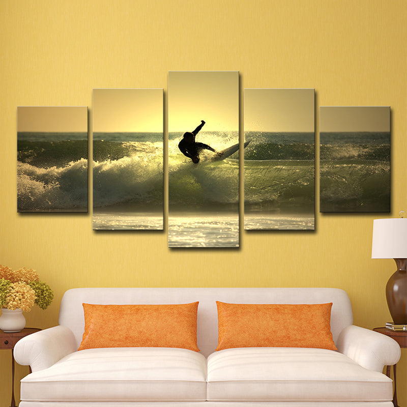 Surfing at Dusk Wall Art Decor Contemporary Multi-Piece Living Room Canvas Print in Yellow Clearhalo 'Art Gallery' 'Canvas Art' 'Coastal Art Gallery' 'Nautical' Arts' 1600415