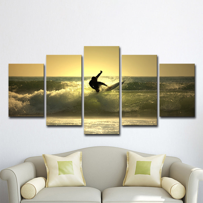 Surfing at Dusk Wall Art Decor Contemporary Multi-Piece Living Room Canvas Print in Yellow Clearhalo 'Art Gallery' 'Canvas Art' 'Coastal Art Gallery' 'Nautical' Arts' 1600416