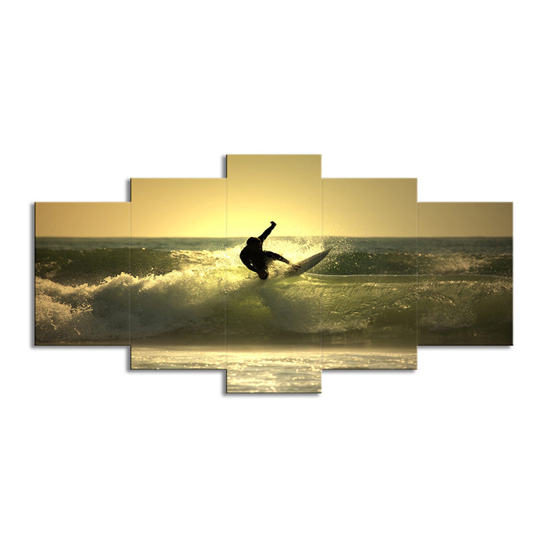 Surfing at Dusk Wall Art Decor Contemporary Multi-Piece Living Room Canvas Print in Yellow Clearhalo 'Art Gallery' 'Canvas Art' 'Coastal Art Gallery' 'Nautical' Arts' 1600417