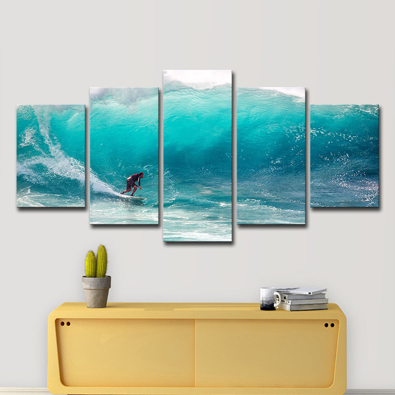 Tropics Big-Wave Surfing Wall Art Blue Boys Bedroom Wall Decor, Multi-Piece Clearhalo 'Art Gallery' 'Canvas Art' 'Coastal Art Gallery' 'Nautical' Arts' 1600429