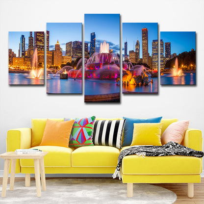 Buckingham Fountain Scenery Art Print Purple Canvas Wall Decoration, Multi-Piece Purple Clearhalo 'Art Gallery' 'Canvas Art' 'Contemporary Art Gallery' 'Modern' Arts' 1600442